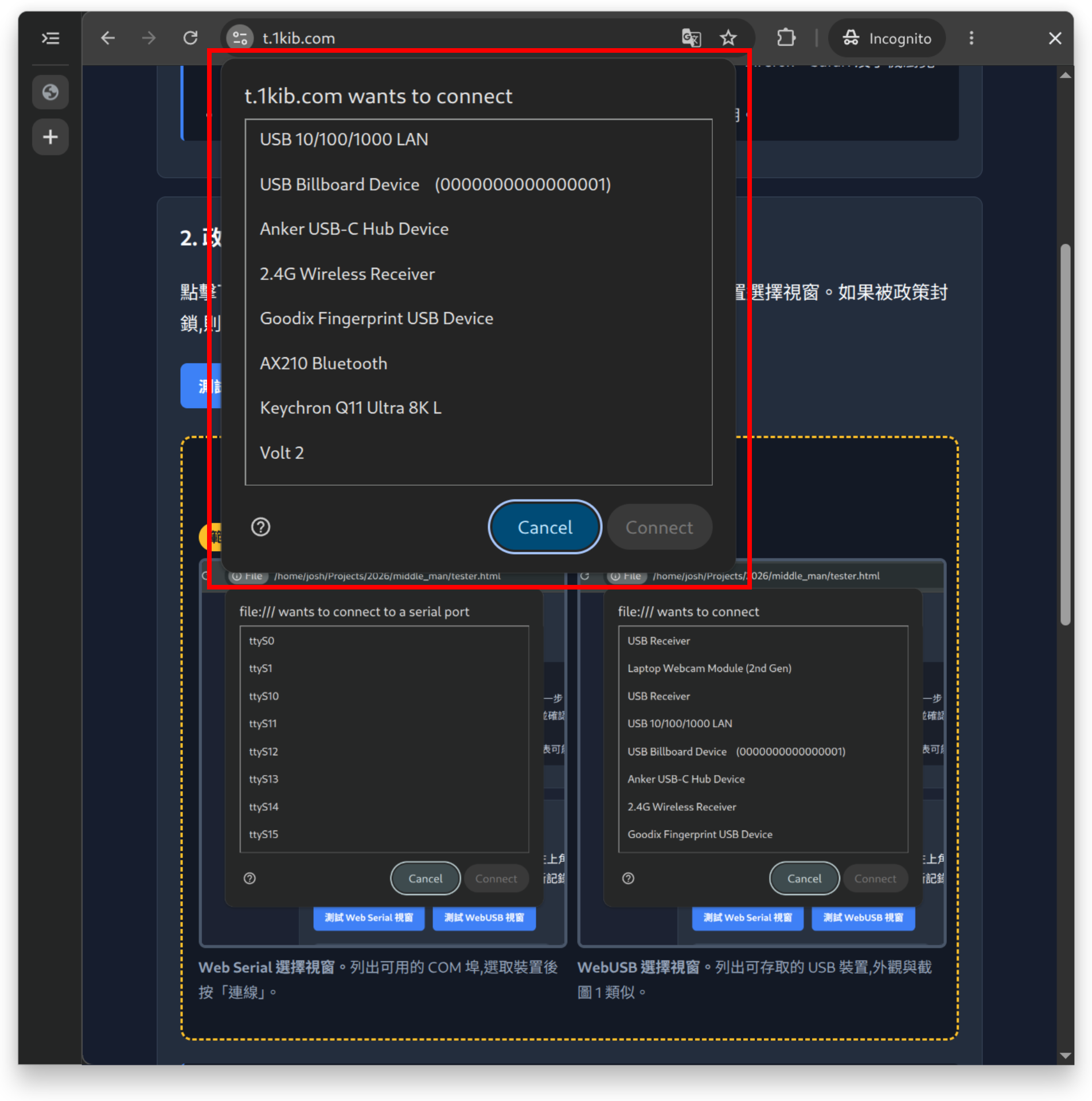 範例截圖:WebUSB 裝置選擇視窗